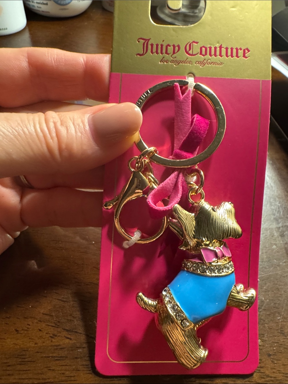 Juicy Couture Gold-tone Dog Keychain with Pink Suede and Blue Enamel